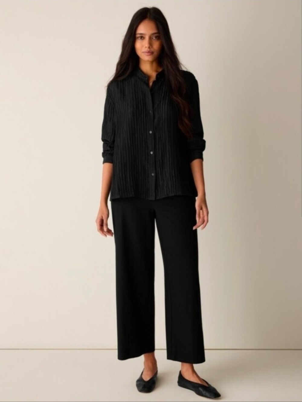 Eileen Fisher Washable Stretch Crepe Wide-Leg Pant Black Sz Large